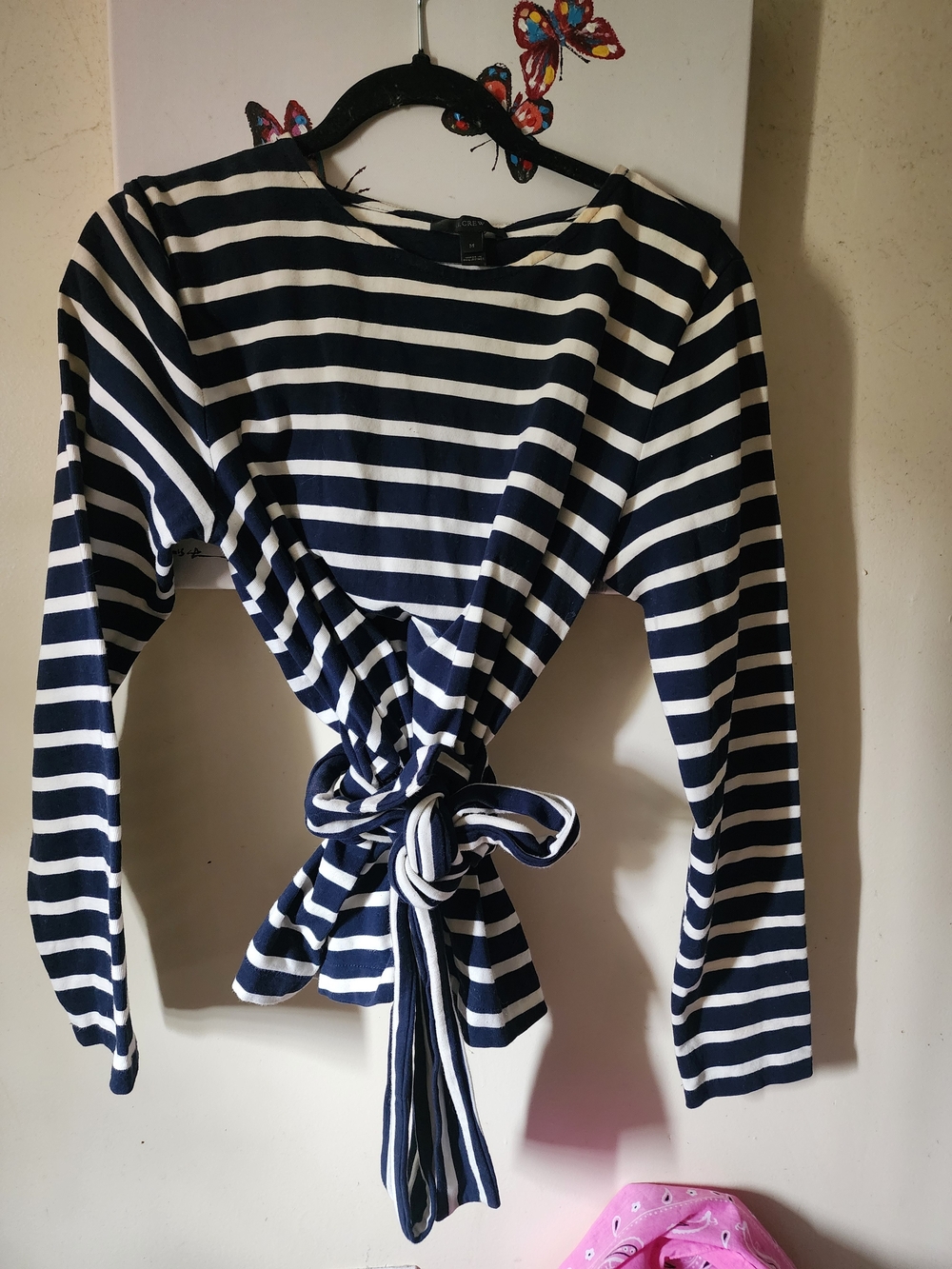 J. Crew Navy and White Striped Tie-Front Long Sleeve Top